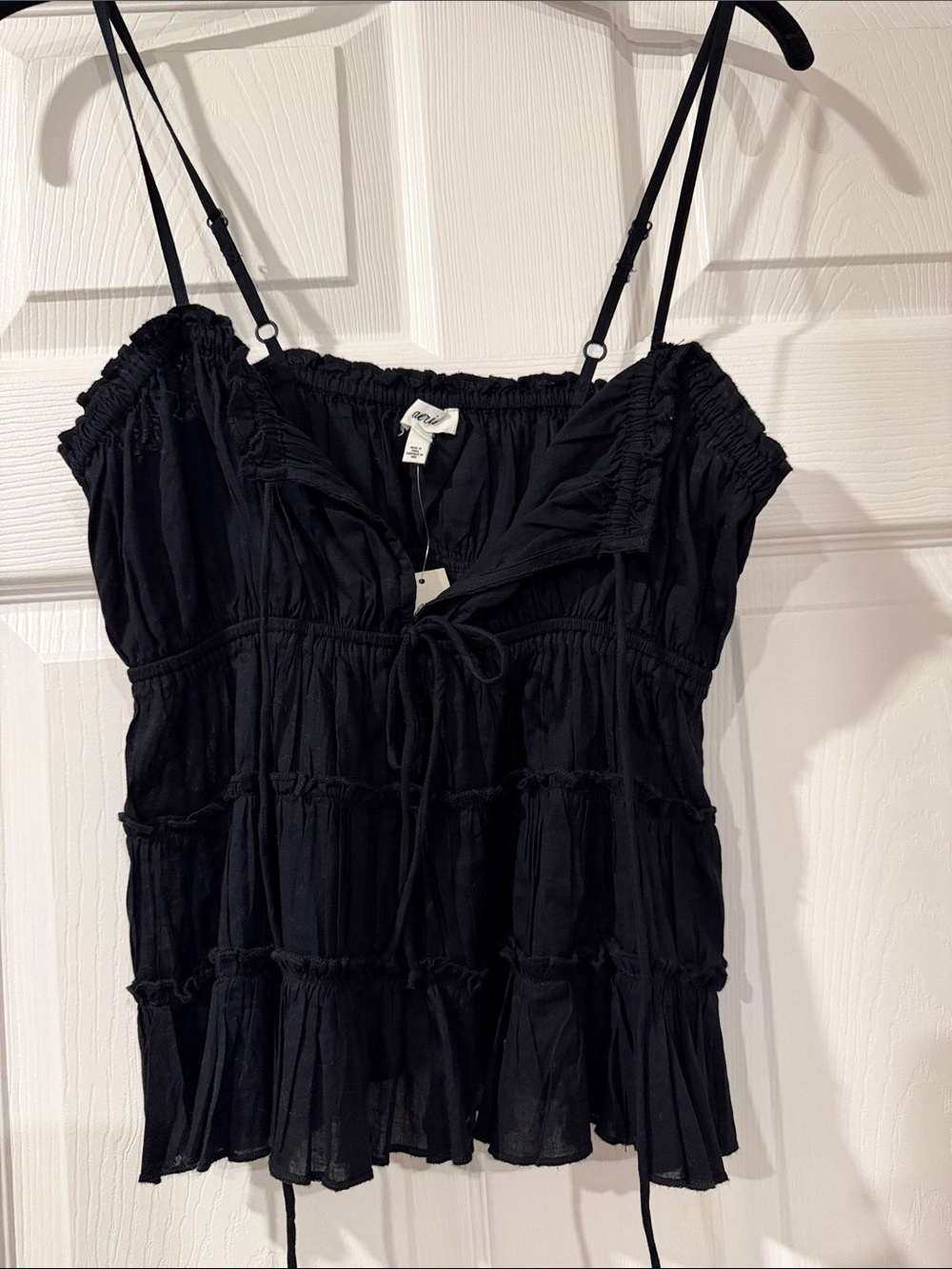 aerie Black Smocked Ruffle Tie-Front Cami